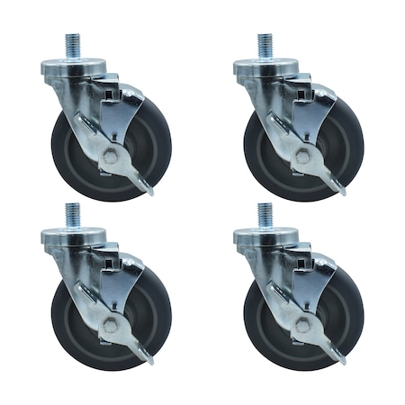 Bk Resources 5-inch Threaded Stem Casters, Gray Rubber Wheels, Top Lock Brake, 300lb Capacity, 4PK 5SBR-5ST-GR-PS4
